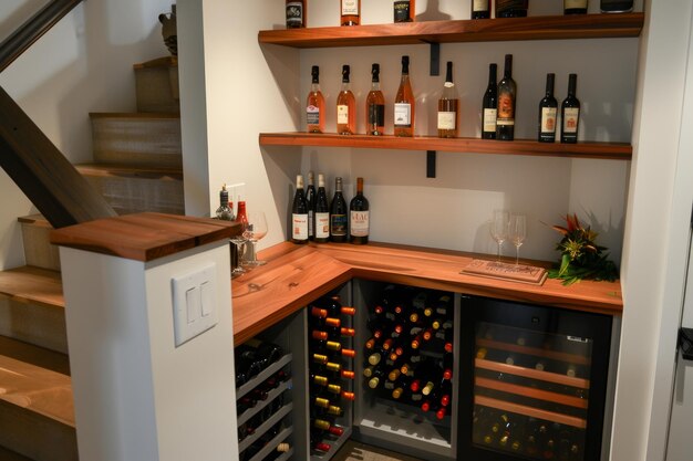 Un armario de madera con estantes para almacenar botellas de vino se encuentra en la cocina de la casa