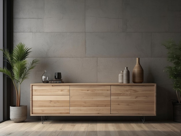 Armario de madera en la pared de hormigón de la sala de estar moderna con paneles de madera