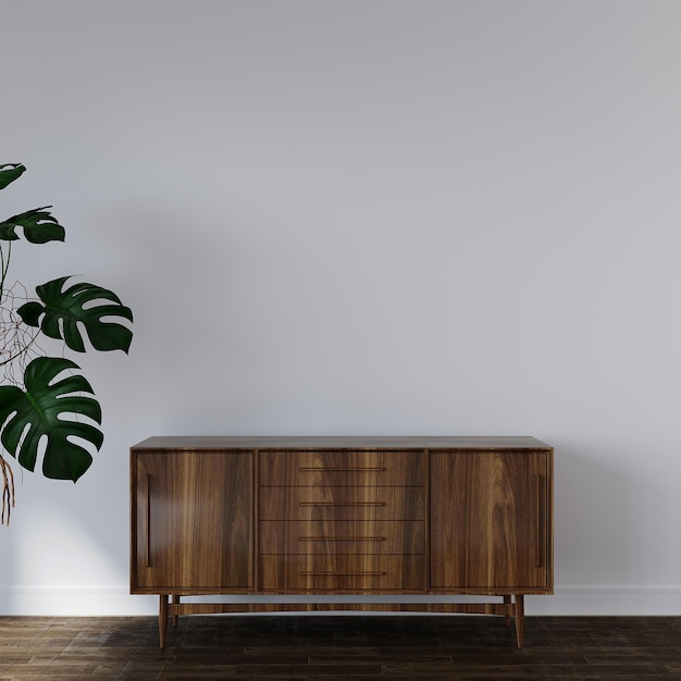 Un armario de madera con una planta al lado y una planta en la pared.