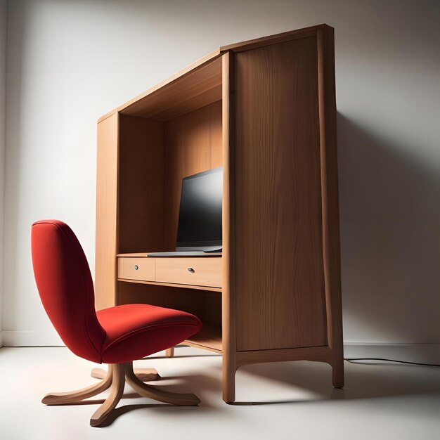 Foto armario de madera con un sillón rojo y una computadora en él