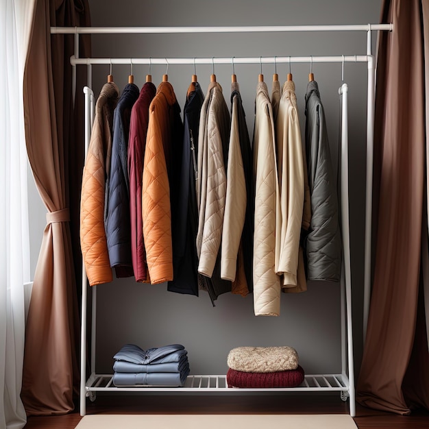armario moderno en perchero en la habitaciónperchero con ropa y accesorios elegantes en el armario