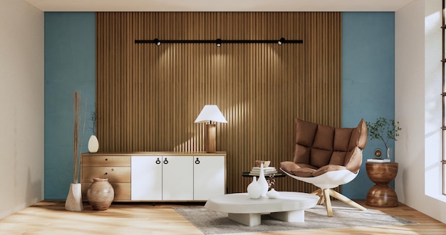 Armário na moderna sala de estar zen na parede azul claro renderização em 3d