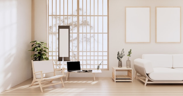 Armário na sala de estar com piso de tatame e sofá poltrona design. Renderização 3D