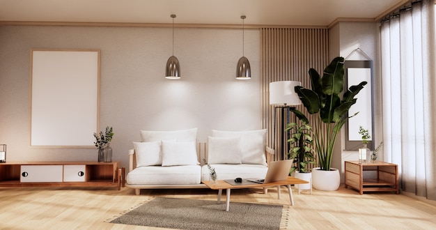 Armário na sala de estar com piso de tatame e sofá poltrona design. Renderização 3D