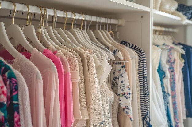 Armário organizado com roupas de moda de primavera Grande guarda-roupa com roupas diferentes IA generativa