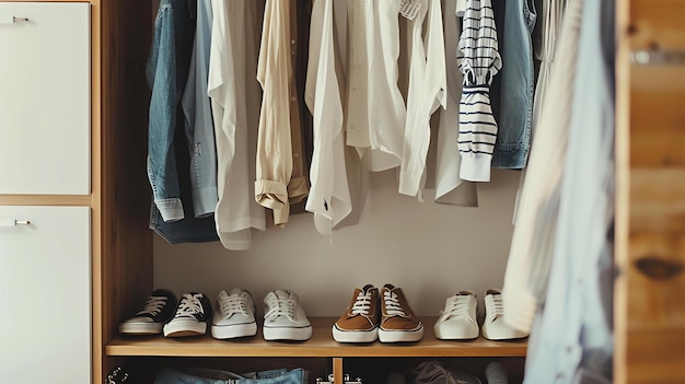 Un armario organizado con una variedad de ropa y zapatos