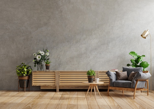 Armário para TV em uma sala de estar moderna com poltrona, abajur, mesa, flores e plantas no fundo da parede de concreto, renderização em 3D