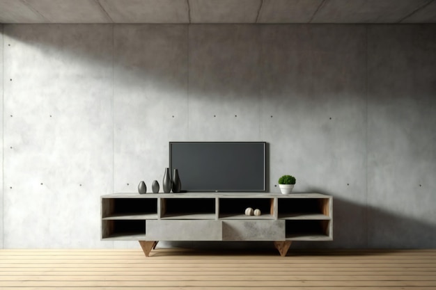 Armário para tv na maquete da parede interior da sala de estar na parede de concreto