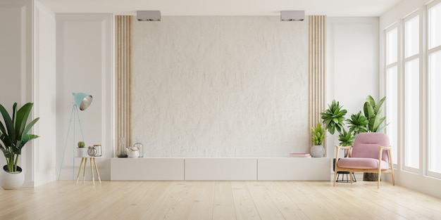 Armário para TV na parede de gesso branco da sala com poltrona de design minimalista, renderização 3D