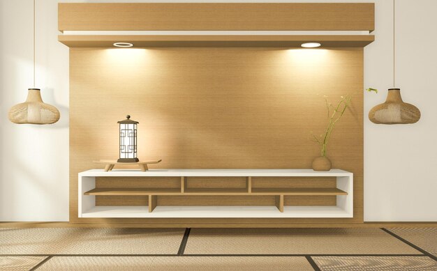 Armario de televisión en una habitación vacía tropical estilo zen japonés diseños mínimos renderización 3D