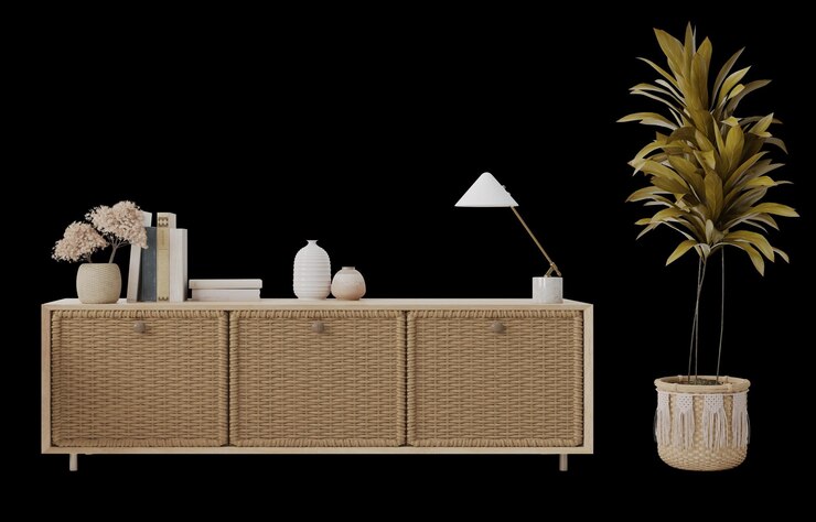 Armario de televisión con maceta de plantas y objetos de decoración aislados3d renderización
