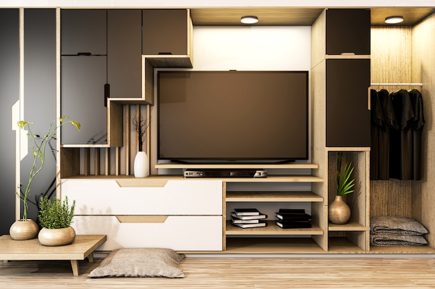 Foto armário tv mix guarda-roupa prateleira de madeira estilo japonês e decoração de plantas na prateleira. renderização 3d