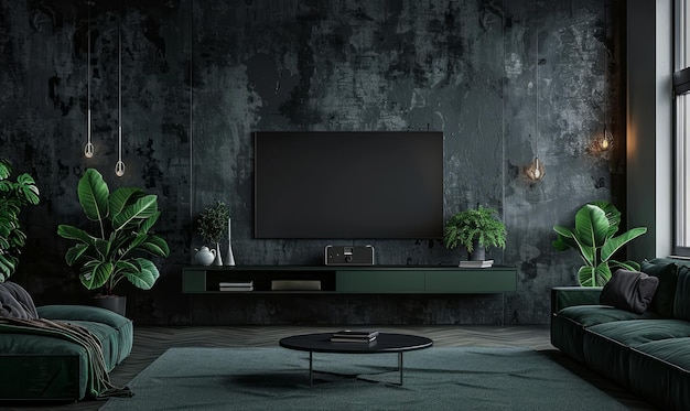 Armario verde para TV y accesorios decoración en el interior de la sala de estar en el fondo de la pared oscura vacía