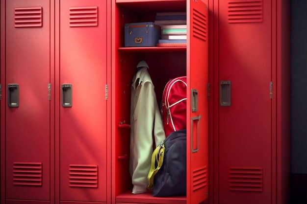 armário vermelho da escola a porta de um armário está aberta dentro é um saco casaco e livros generativo Ai
