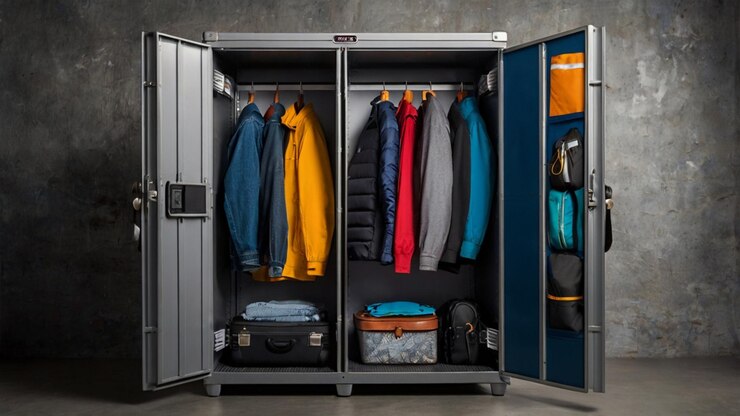 Un armario de viaje elegante y moderno en un color vibrante situado en una terminal de aeropuerto ocupada