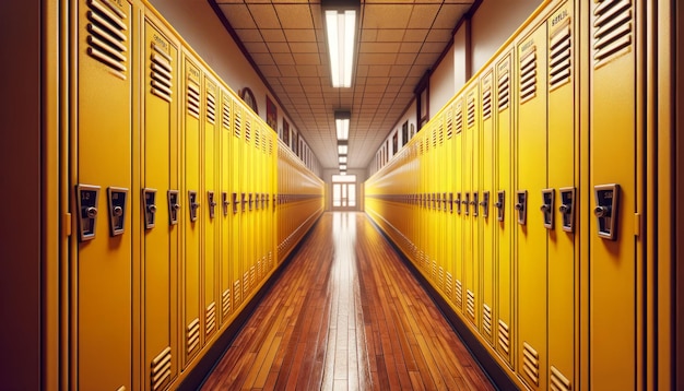 Foto armários da escola no corredor quente e iluminado