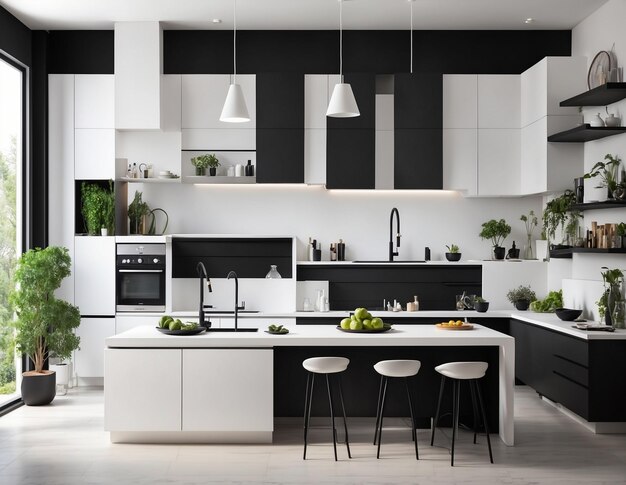 Foto armários de cozinha modernos brilhantes 2 pias em um estilo realista em cores brancas e pretas