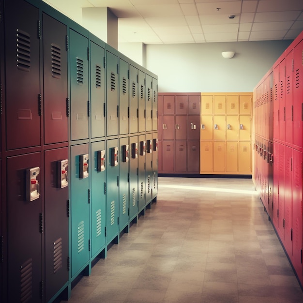 Foto armários em uma sala de aula com portas de cores diferentes