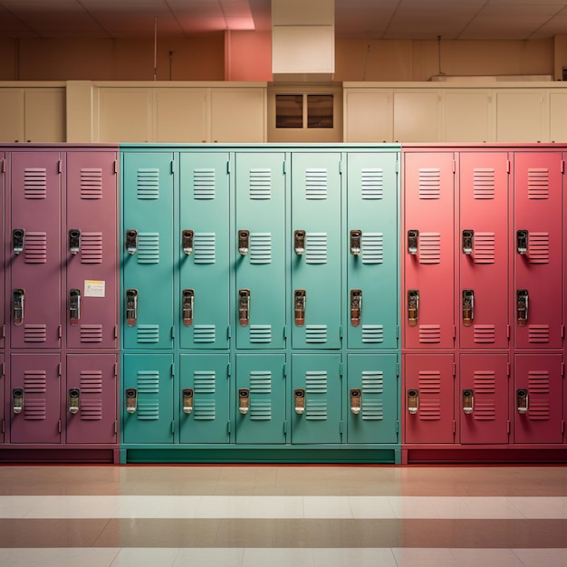 Foto armários em uma sala de aula com portas de cores diferentes