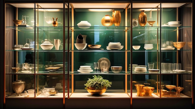 Foto armarios con fachada de vidrio que muestran hermosos utensilios de cena