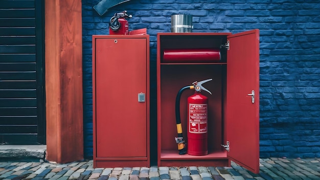 Foto los armarios de protección contra incendios se establecen con el extintor de emergencia y el tubo laminado