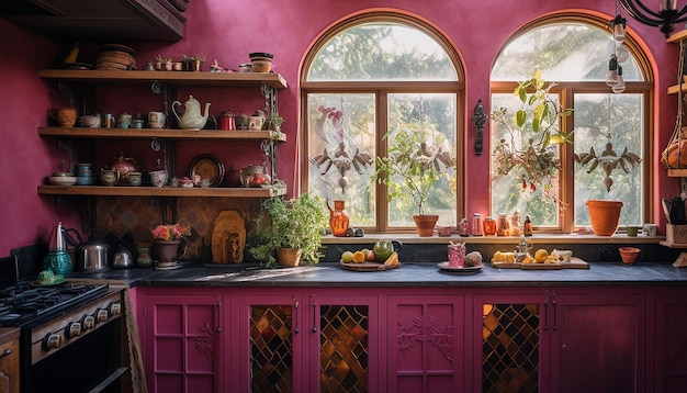 Foto armários rosa choque envelhecidos em uma cozinha vitoriana boho