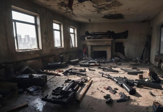 Foto armas abandonadas después de luchar en el campo de batalla en el refugio