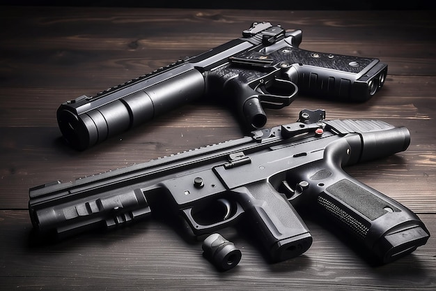 Armas de airsoft en el madera negra