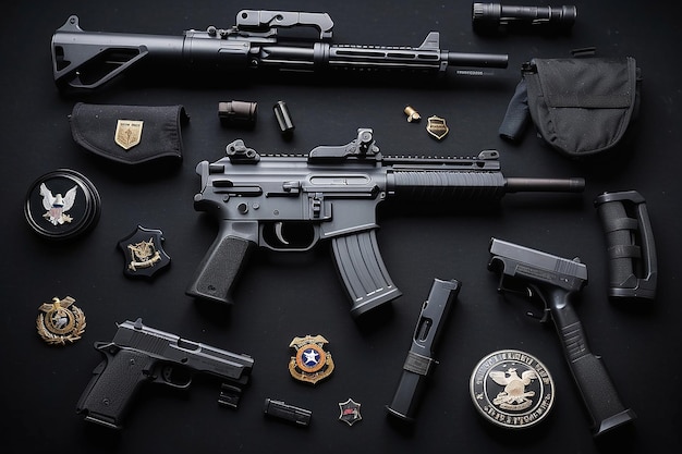 Armas airsoft pretas e distintivo de soldado no fundo plano preto