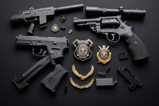 Armas airsoft pretas e distintivo de soldado no fundo plano preto