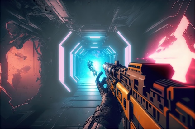 Armas de jogo de tiro em primeira pessoa segurando rifle de arma futurista no corredor de nave espacial scifi AI