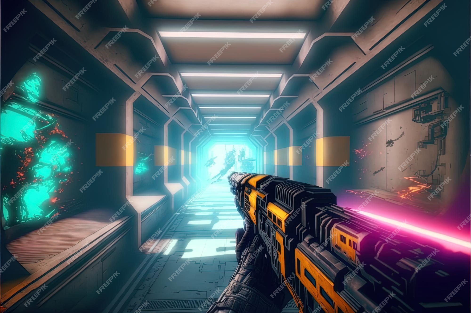 Armas de jogo de tiro em primeira pessoa segurando rifle de arma futurista  no corredor de nave espacial scifi ai