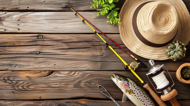 Foto armas de pesca sobre fundo de madeira com espaço para texto, incluindo ganchos, hastes, linhas, iscas e sapatos
