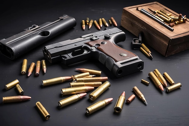 Armas y municiones colocadas en una mesa de madera Armas cortas y municiones
