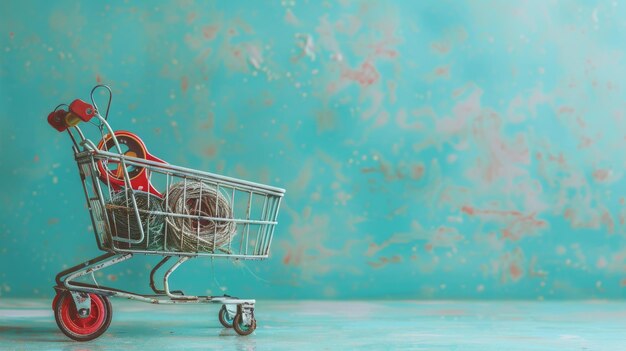 Foto armas de pesca en un carrito de compras con fondo acuático