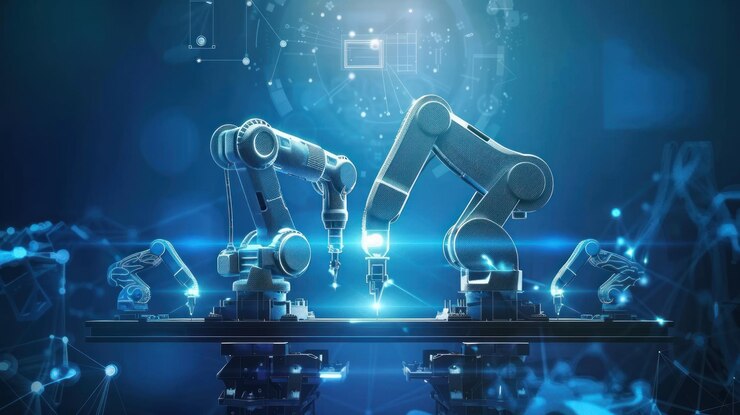 Armas robóticas que ensamblan piezas red digital de fondo automatización de fábricas