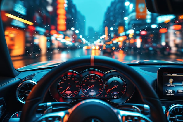 Foto armaturenbrett, lenkrad und geschwindigkeitsmesser im auto in naher nähe innenraum salon eines modernen autos auf dem fahrer pov nacht stadt im regen hinter der windschutzscheibe