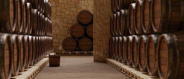 Armazém com barris para uísque de vinho ou outro álcool renderização 3d