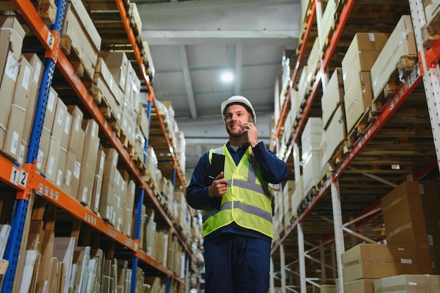 Armazém de envio e homem caminhando em uma empresa de distribuição de carga e cadeia de abastecimento Trabalhador contratado e de volta com fábrica de estoque e negócio de exportação com empregado trabalhando com armazenamento