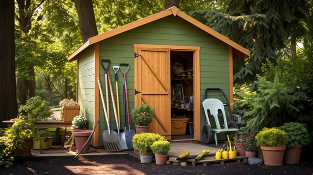 Armazém de ferramentas de jardinagem na casa