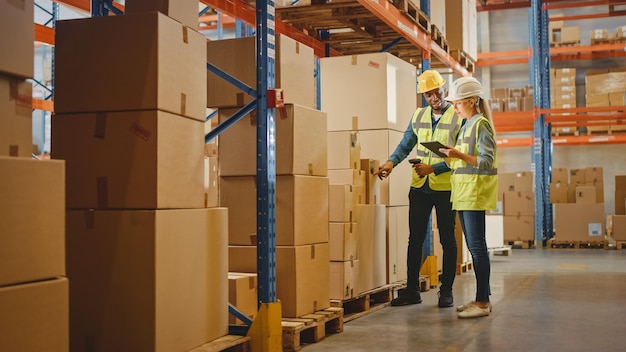 Armazém de varejo cheio de prateleiras com mercadorias em caixas de papelão Trabalhador masculino e supervisora feminina segurando tablet digital Discutindo a entrega de produtos enquanto escaneam pacotes Centro de logística de distribuição