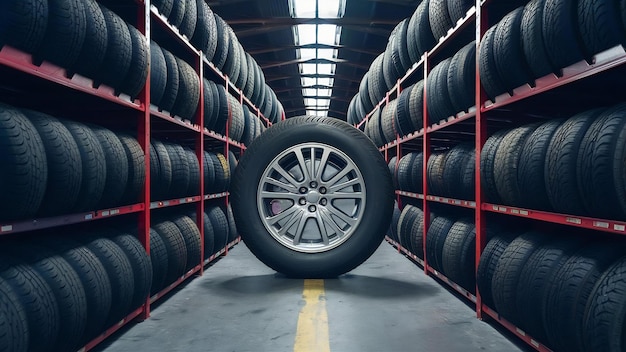 Armazém escuro cheio ou grande variedade de pneus novos num armazém movimentado