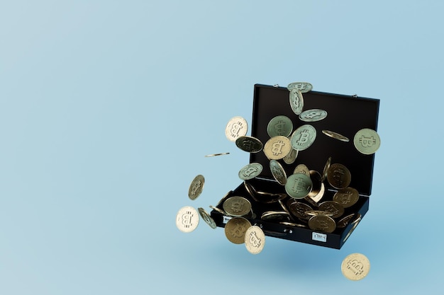 Armazenamento de dinheiro na caixa aberta preta com moedas de dólar em uma pasta de cópia de fundo azul