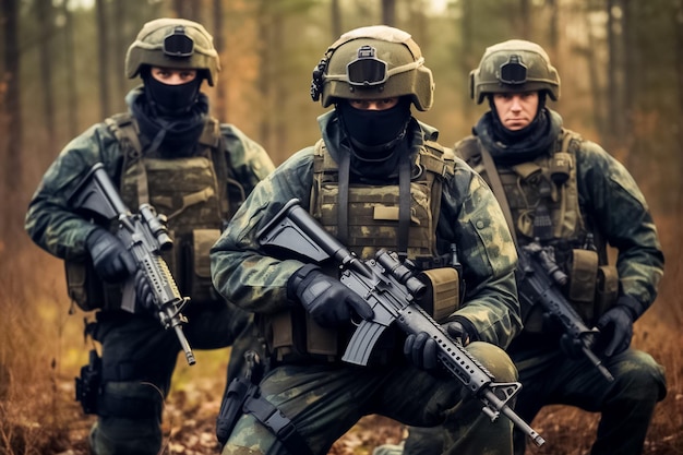 Armeesoldatengruppe mit Waffe bereitet sich auf die Kampfszene im Krieg mit Waldhintergrund vor