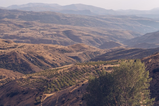 Armenien Berg Herbstansicht Trockenes Land Gebirge und Steppe malerische Landschaftsansicht mit blauem Himmel Stock Fotografie