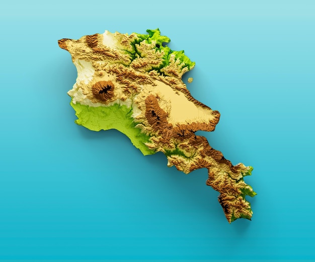 Armenien Karte Schattiertes Relief Farbe Höhenkarte auf dem Meer Blauer Hintergrund 3D-Darstellung