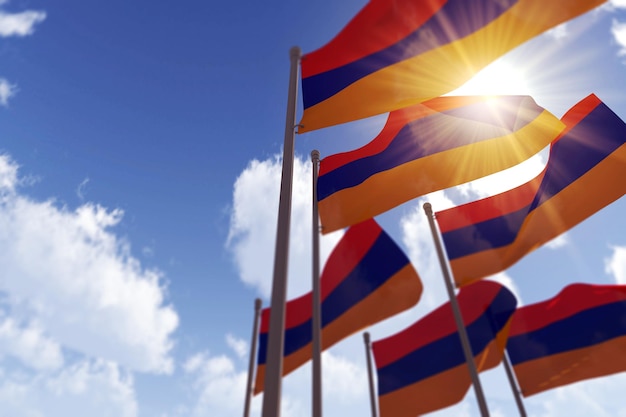 Armenische Fahnen wehen im Wind gegen einen blauen Himmel d-Rendering