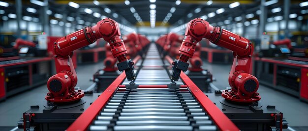 La armonía de la automatización Los brazos robóticos rojos al unísono Concepto Robótica Tecnología de automatización Sincronización industrial