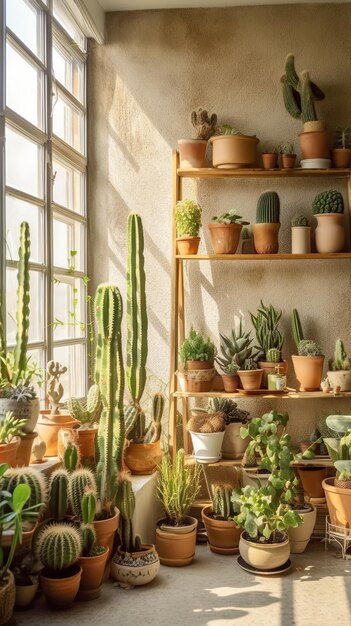 La armonía botánica Un estante de plantas en maceta a una luz suave