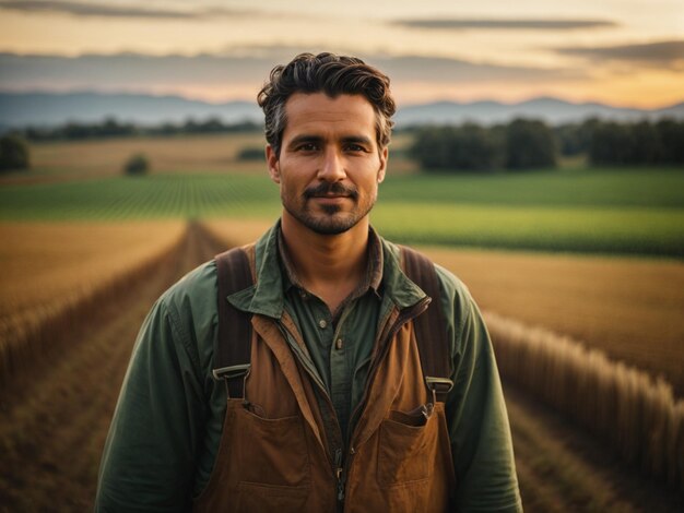 Foto armonia da colheita retrato de um fazendeiro nos campos durante a época de colheita abundante abrangendo a essência da agricultura ia generativa